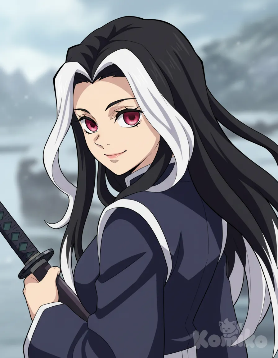 <rei-uzui-x2gx>, headshot, looking back, anime coloring, anime style, holding sword, smile, anime style