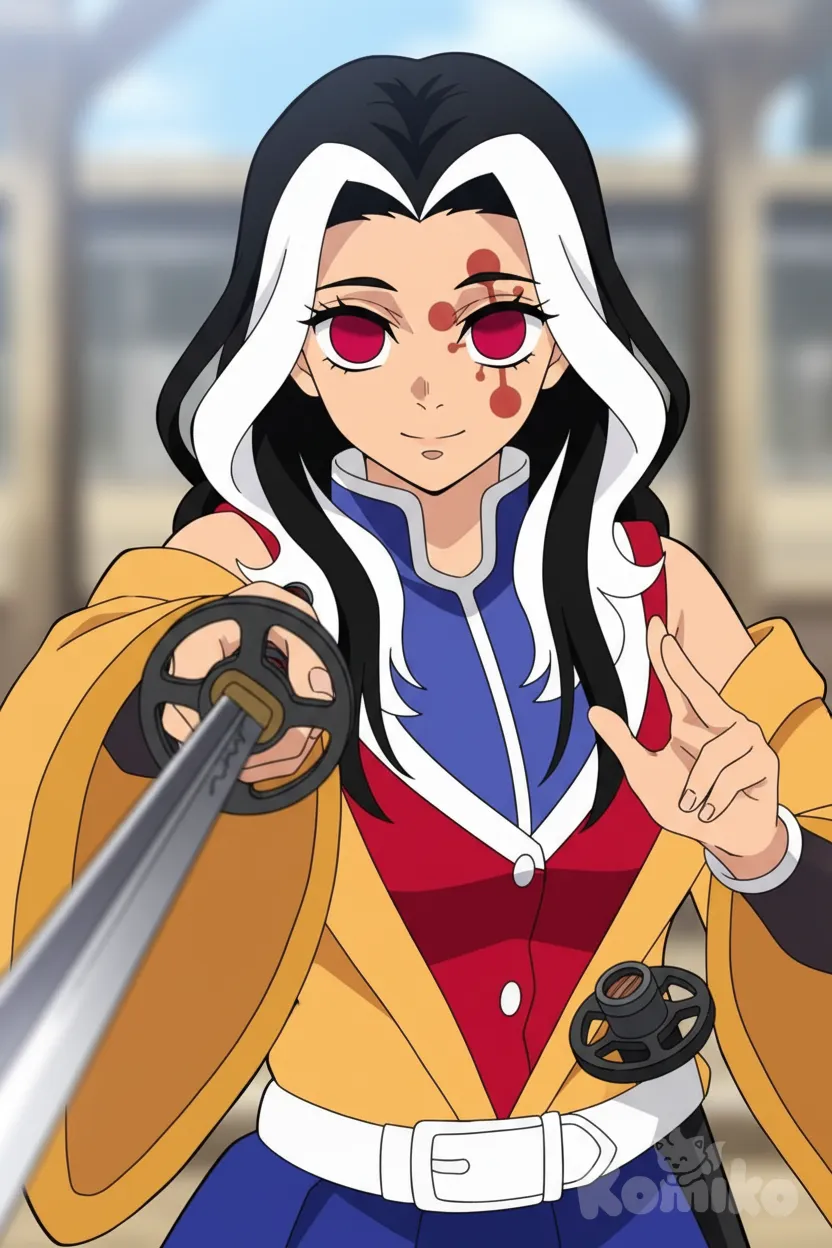 <rei-uzui-x2gx>, headshot, anime coloring, anime style, holding sword, pointing at viewer, depth of field, anime style