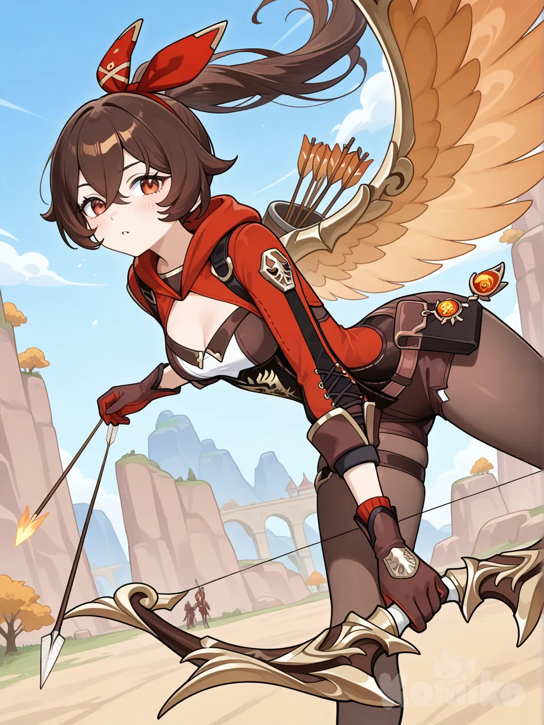 @Amber_(Genshin_Impact) sedang memanah seekor naga
