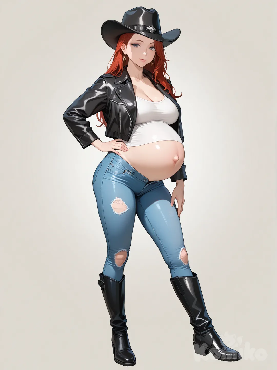 Vaquera embarazada realista con jeans ajustados desabrochados y botas altas negras de cuero de montar caballo tipo RIDING BOOTS