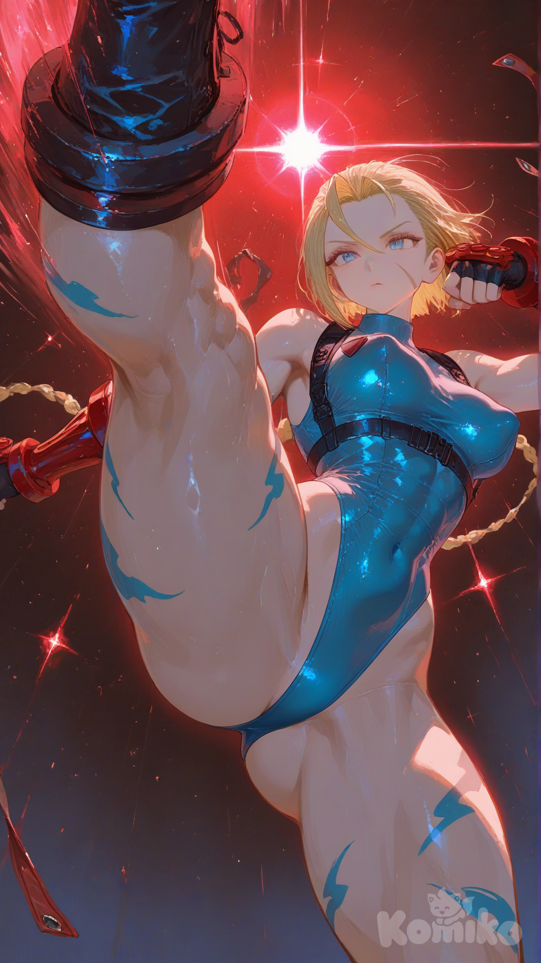 cammy white, uniforme azul, pose de pelea pateando, fondo con destellos, pezones duros debajo del uniforme, [sensual-glossy-style]