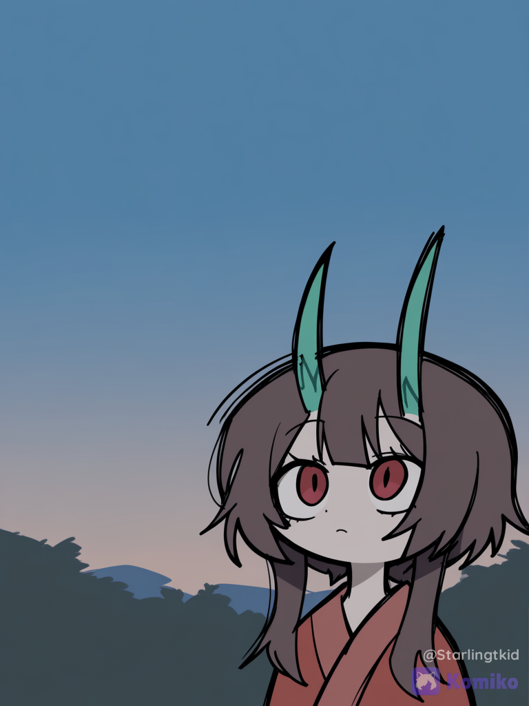 megumin, oni, long Green oni horns, Yucata, Kimono, crimson eyes, daytime, blue sky at twilight, gazing at the sky, cute, very adorable, cool, [pop-sketch-style], wide shot