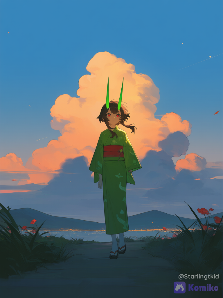 megumin, oni, long Green oni horns, Yucata, Kimono, crimson eyes, daytime, blue sky at twilight, gazing at the sky, cute, very adorable, cool, wide shot, full body, [faded-canvas-style]