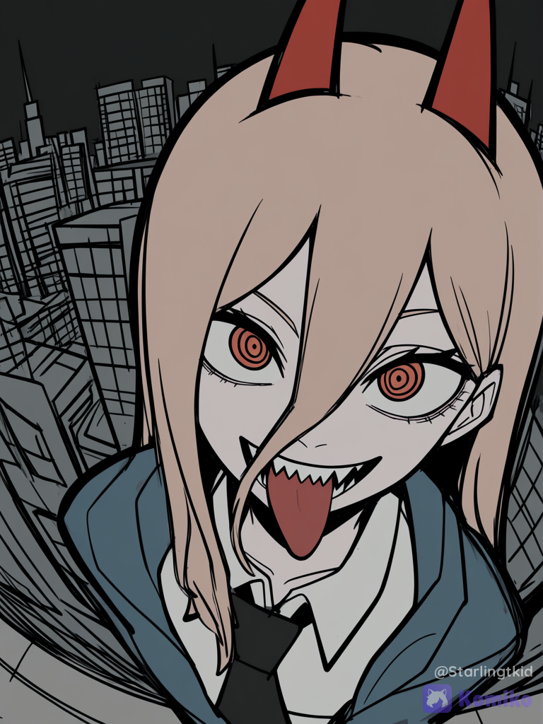 power (chainsaw man), Close-up of the face, sticking out tongue, lollipop in mouth, shark teeth, crazy eyes, blonde hair, red horns, fisheye camera, from above, cityscape, volumetric lighting, Low intensity green filter, [pop-sketch-style]