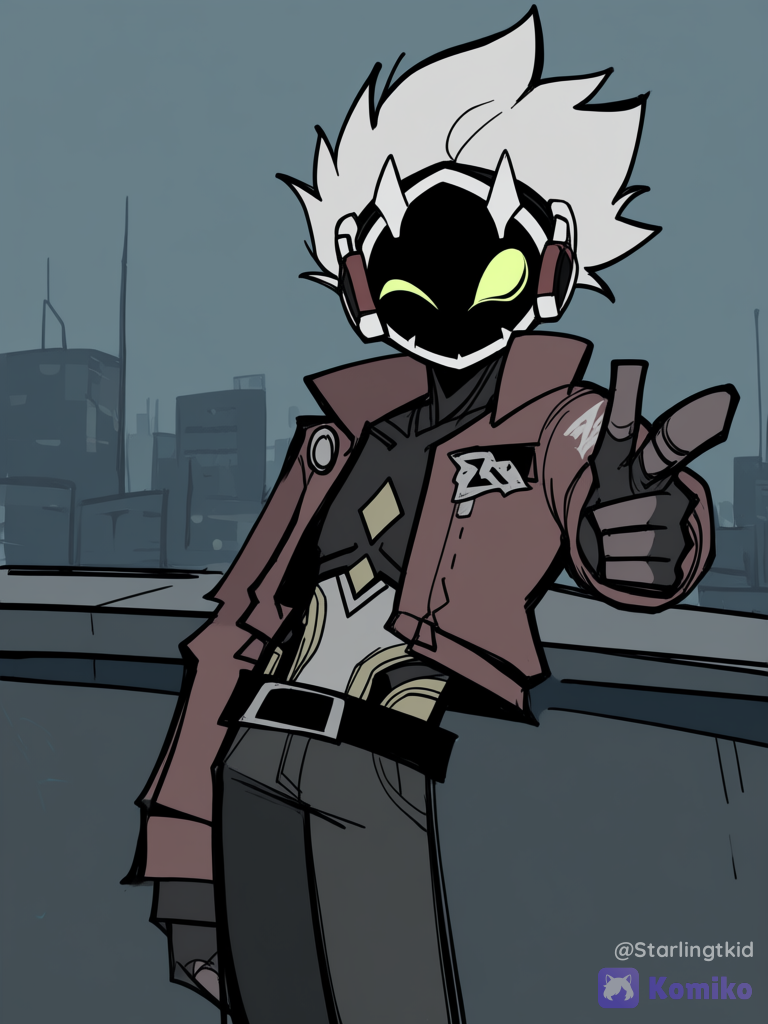 Camera angle type: Low angle Reaching the hips, rooftop of a building, cityscape, Billy kid (zenless zone zero), hands in the shape of a gun pointing at you, leaning back from him, [pop-sketch-style], ethereal lighting