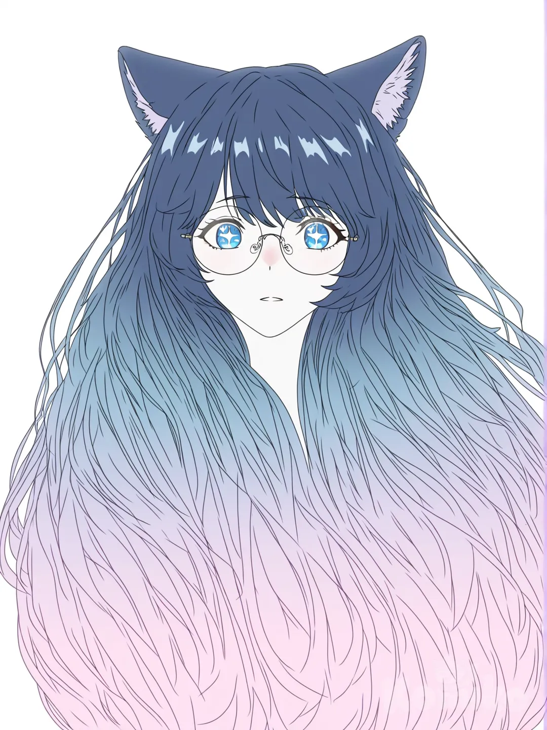 [bright-anime-style] A soft pastel digital illustration of a cute girl shown in a half-body view, with long dark blue hair with light teal gradient tips, flowing hair in motion, hair strands, blue eyes, sparkling eyes, round cute eyewear, cat ears, pale skin. She has a gentle, dreamy expression and natural posture. Minimalist flat color design with gentle purple and pink tones, subtle highlights, soft shadows, and a dreamy aesthetic. Clean white background, ultra-lighting and texture, 8K resolution, art style similar to modern digital pop illustration.