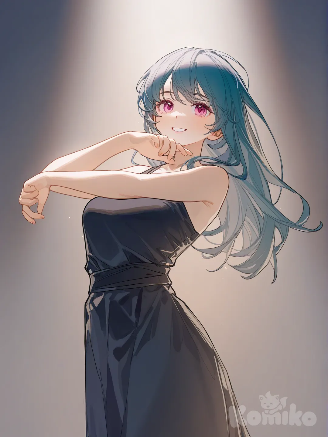 1girl, pink eyes, aqua blue hair, long hair,dancing, smile, evening dress, upper body, [lacquered-illustration-style], dynamic pose, eyes, elegant attire, smooth lines
