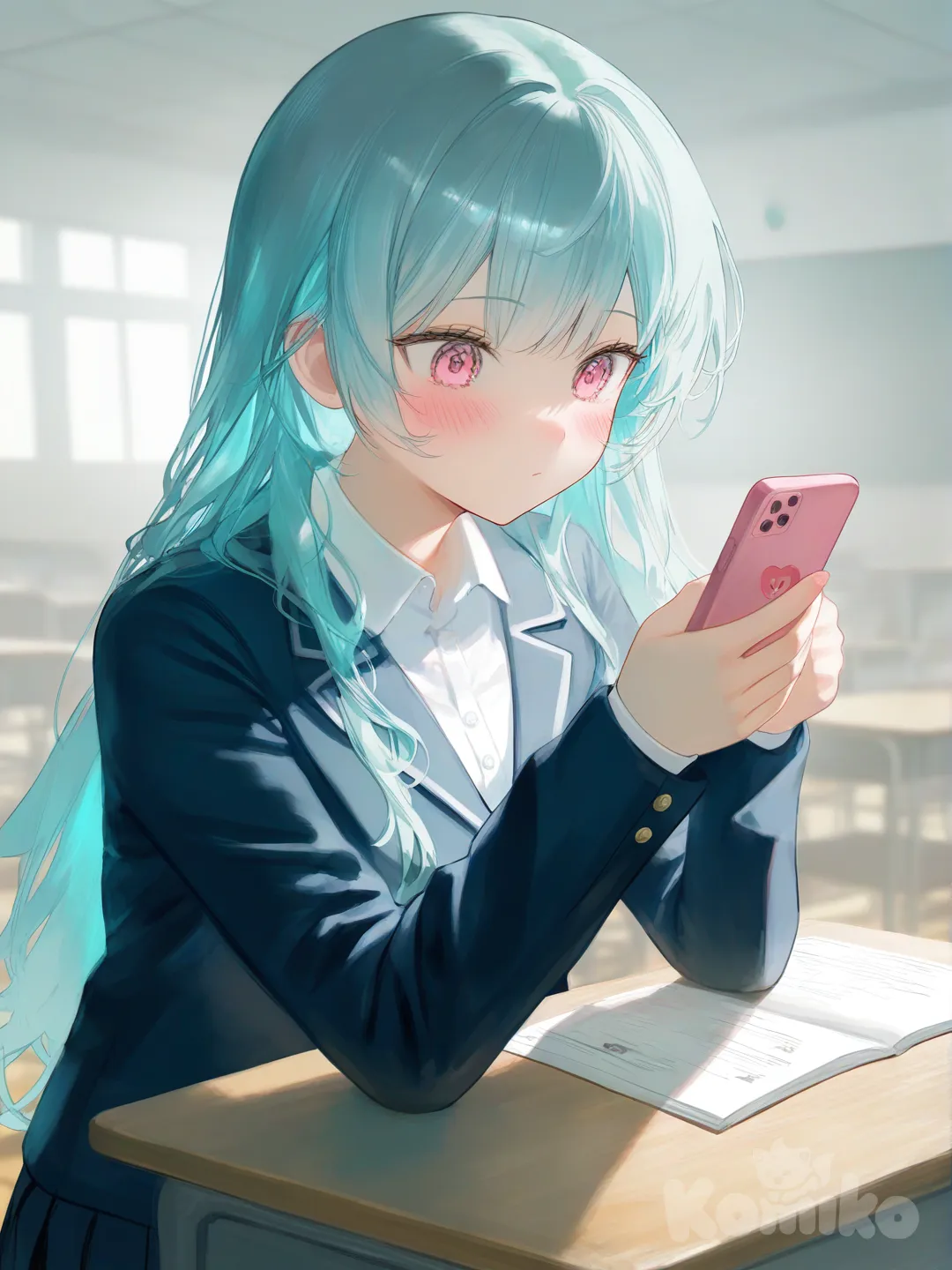 1girl, [moody-glow-style], looking at phone, blush, school uniform, long hair, aqua hair, pink eyes, classroom