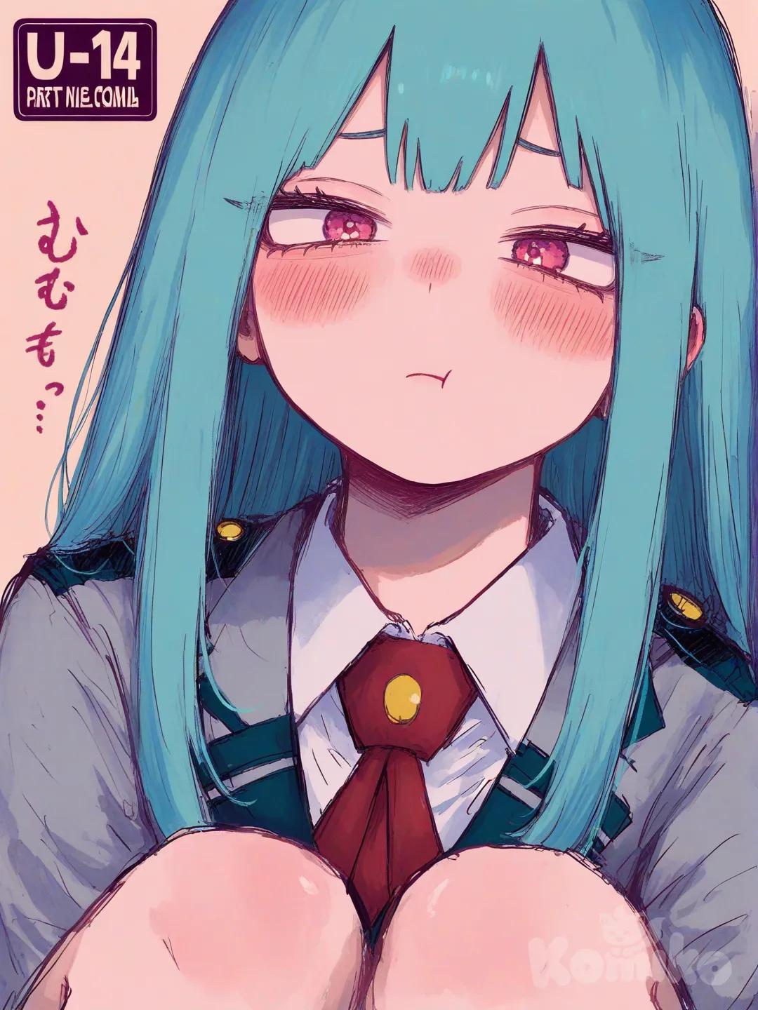 1girl, my hero academia, ua high school uniform, long hair, straight hair, aqua blue hair, pink eyes, looking at viewer, light ,sulk, blush, [sweet-painting-style]