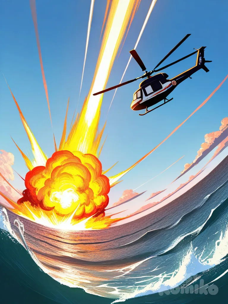 helicopter, de doble hélices, maniobrando a máxima velocidad, escapando de una poderosa explosión roja carmesí en el mar, con perspectiva