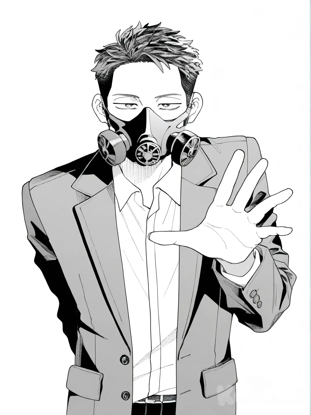 Un hombre, vestido formal con gabardina negra de cuero, con una máscara anti gas, upper body, extendido su mano hacia el espectador, [grayscale-manga-style]