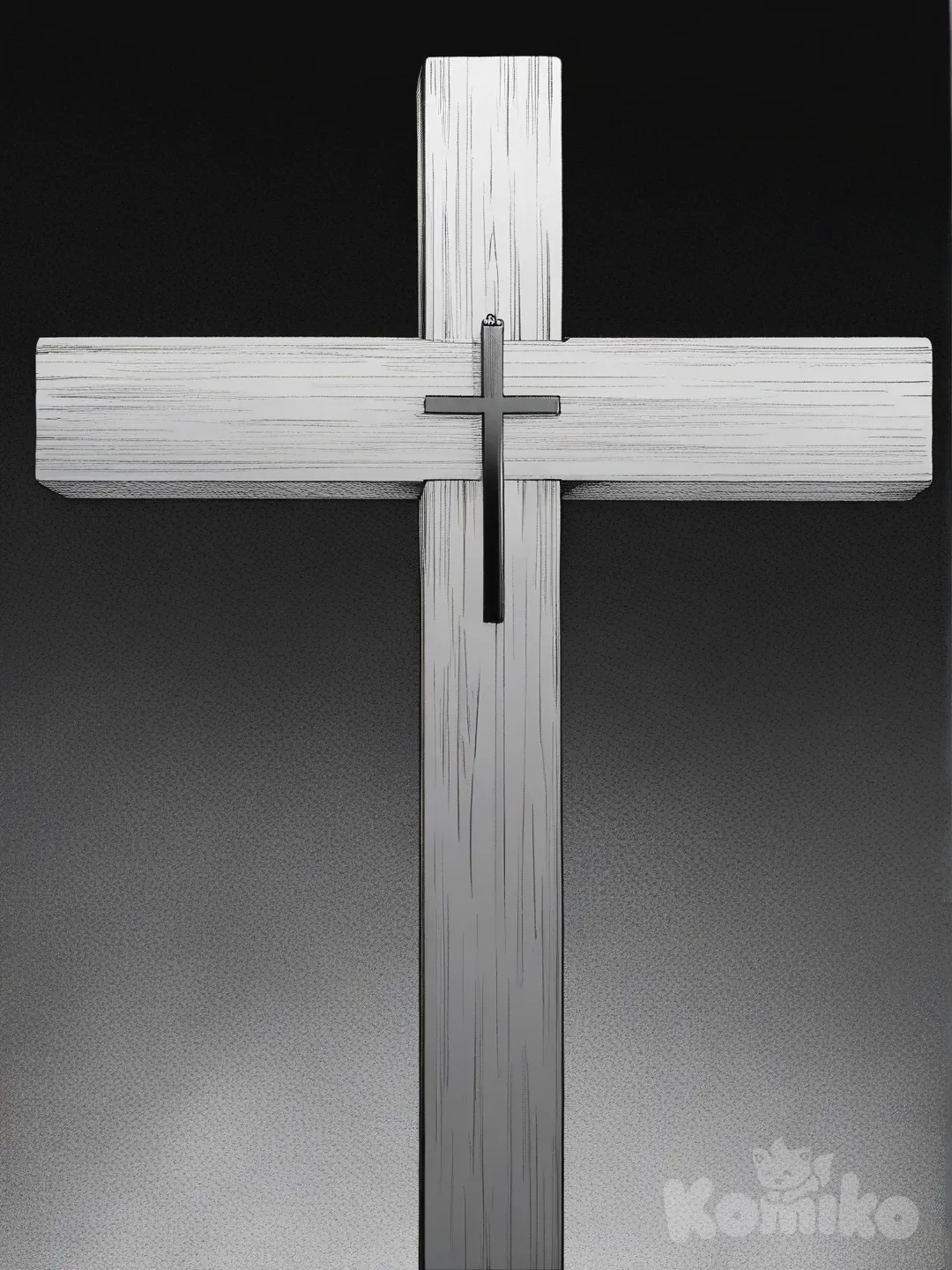 Chainsaw Man, sobre una cruz, fondo oscuro, [grayscale-manga-style]