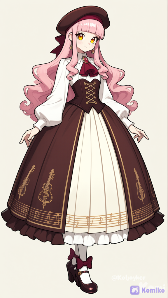 [layered-cel-anime-style], 1. Head and Face (Hair, Face, Hat): · Hair: Pale pastel pink hair, long and reaching down to her waist. It is styled in layered, wavy (curly) strands, with thick, straight bangs covering her forehead, and two tendrils framing the sides of her face that reach down to her chin (a hime-cut style).
· Face: She has very fair, clear skin. Her eyes are large and almond-shaped with amber/golden-yellow irises that have a distinct shimmer. Her cheeks have a soft rosy flush.
· Hat: She wears a dark chocolate brown beret. It is embellished with a dark band around the rim and a small bow or floral decoration on top.
· Earrings: Small, delicate dangling earrings are barely visible beneath her hair. 2. Upper Body (Blouse, Corset/Vest, Collar): · Base Blouse: She wears a white long-sleeved blouse with slightly puffed sleeves (bishop sleeves).
· Corset/Vest: Over the blouse, she wears a dark chocolate brown corset-style vest. It features criss-cross lacing with lighter brown cords running down the front center.
· Collar & Tie: A large, dark navy-blue bow or ascot is tied at the neckline, secured with a small brooch or decoration in the center. 3. Lower Body (Skirt and Patterns): · Skirt Style: A very long, high-waisted skirt with a sweeping, regal, bell-like silhouette.
· Main Layer: The primary layer of the skirt is cream/white and features a distinct custom print: several brown violins along with musical notes (staves and treble clefs) are patterned across the fabric.
· Accents & Secondary Layer: A dark brown fabric overlay with swirling, marbled lines sits over the upper half of the skirt. The bottom hem of the white skirt is trimmed with a dark brown ruffled border.
· Petticoat: A white ruffled petticoat with delicate tulle pleats is visible peeking out from beneath the main skirt hem. 4. Legs and Shoes: · Stockings: White knee-high stockings featuring a textured woven and knotted pattern (diamond-like motifs), finished with a decorative band near the top.
· Shoes: A pair of dark navy blue Mary Jane high-heeled shoes. There is a large gold/metallic button on the toe box. A large dark red/crimson bow is tied at the back of the ankle and heel area., full body