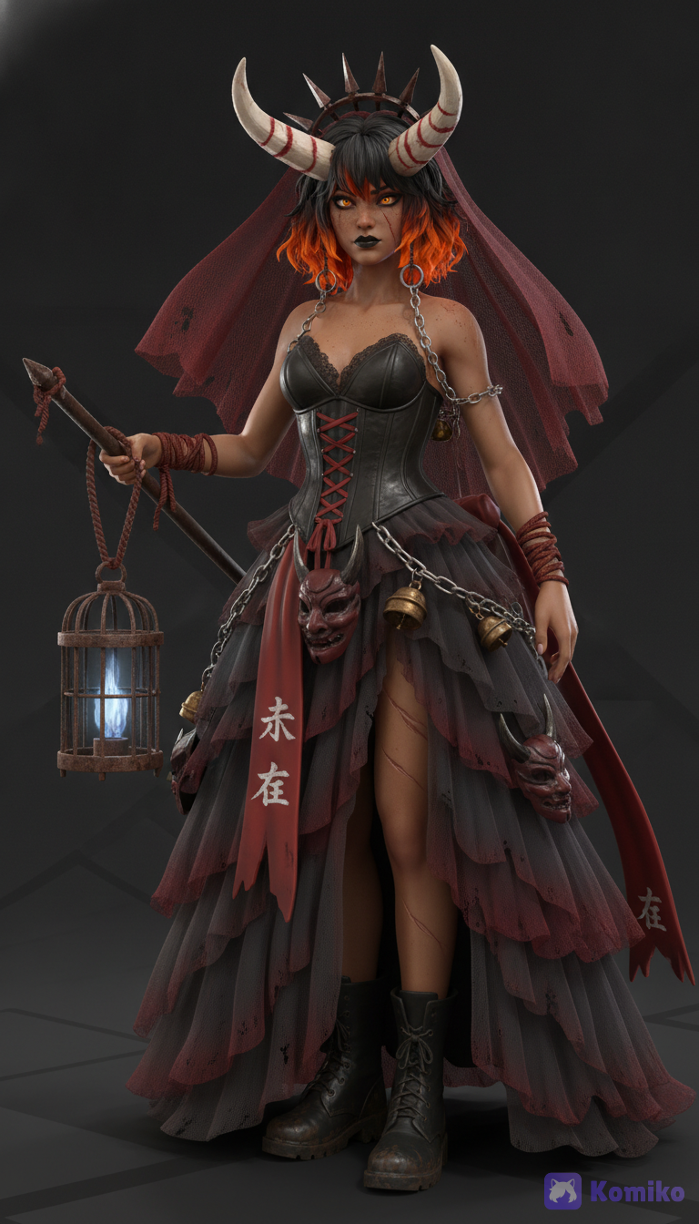 [3d-anime-style], Appearance: · Horns: A single massive, jagged horn growing from the center of her forehead, curving backward like a crescent blade. It is matte bone-white with deep crimson grooves carved into its surface, filled with dried rust-red pigment.
· Hair: Wild, shoulder-length hair in a messy choppy cut, dyed in gradient from jet-black at the roots to blazing fiery orange at the tips. Two thin braids frame her face, each tied off with small iron rings.
· Face: Warm bronze skin with a dusting of freckles across her nose and cheekbones. Her eyes are molten gold with vertical reptile-like pupils, ringed by heavy black liner that flicks into sharp points at her outer corners. Her lips are painted matte black, and a thin scar runs diagonally from her right brow down to her jaw.
· Outfit: A floor-length black wedding gown with a fitted corseted bodice made of matte leather and dark lace, laced up the front with blood-red ribbon. The skirt is voluminous and layered—tulle and tattered chiffon in charcoal and deep burgundy—with a high slit up the left thigh revealing combat-scarred skin. Over it, she wears a tattered, floor-sweeping veil of crimson netting, attached to a spiked iron crown rather than her horn.
· Accessories: Thick silver chains draped across her torso like a bandolier, each link holding small dangling bells and broken oni mask fragments. Her wrists are wrapped in frayed red cord, and she carries a rusted iron cage lantern on a long pole—the lantern glows with faint blue fire. She wears heavy black combat boots under the dress, scuffed and mud-splattered.
· Bridal/Oni Motif: A long, tattered red sash is tied around her waist, trailing behind her like a train—it is embroidered with a single white thread of the Japanese character for "fate." The sash is also knotted around her horn at the base, anchoring a single large bronze bell that does not chime, but hums with a low vibration.
