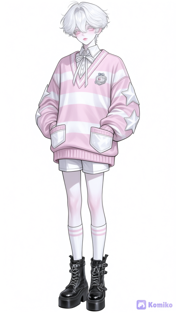 [polished-illustration-style], 1. Facial Features and Physical Build (Doll-like Face):
A young boy with a very slender, elongated, and model-like physique. Extremely fair, matte, porcelain-white skin. His hair is pure white, shiny and lustrous, like melted silver, styled neatly and he's hair is short. He has large, almond-shaped, striking eyes with a rare light pink hue (albino-like) that have a glassy and mesmerizing shine. Long, delicate eyelashes. Pale pink, soft, and slightly glossy lips, reminiscent of expensive porcelain dolls. He has an innocent, harmless, and slightly pitiful doll-like expression on his face. 2. Outfit and Style Details (Oversized Pastel Streetwear): · Top: An oversized, loose-fitting knit sweater or sweatshirt with a slightly cropped length. The sweater has horizontal stripes in white and soft pastel pink. It has a deep V-neck. Underneath, he wears a white button-up shirt with a classic pointed collar, with a white and light pink tie/ribbon tied around the collar. Large white fabric stars are sewn onto both baggy sleeves and the chest. There is a large patch pocket on the bottom left side of the sweater and a small logo on the left chest.
· Bottom: Very delicate white shorts or a short skirt peeking out from under the bottom hem of the sweater (or the sweater itself is long enough to act as a tunic/dress). 3. Socks and Shoes:
His legs are bare, but he is wearing white knee-high socks (reaching just below the knee) decorated with patterns of small pink hearts, white stars, and delicate lines. Over these socks, black leather straps with metal buckles are fastened. His shoes are glossy black platform boots, creating a look that balances "doll-like innocence" with "street edginess." 4. Additional Notes for AI (Style and Color Palette): · Color Palette: Predominantly white, pale pink, black (only for shoes and straps), and silver.
· Pose and Stance: Standing calmly, with his hands casually tucked into the large pocket at the bottom of the sweater., full body, 1boy