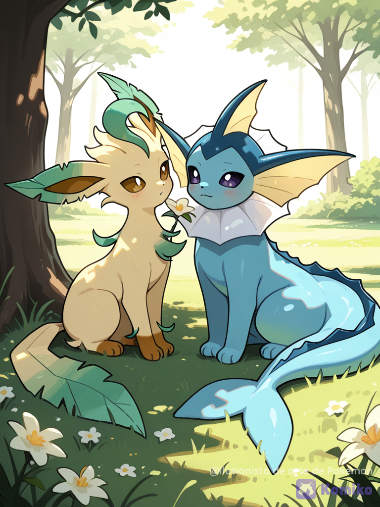 @Vaporeon Pokémon furry, cuadrúpedo,macho, dándole una flor, a @Leafeon Pokémon furry, cuadrupeda, hembra, debajo de un árbol