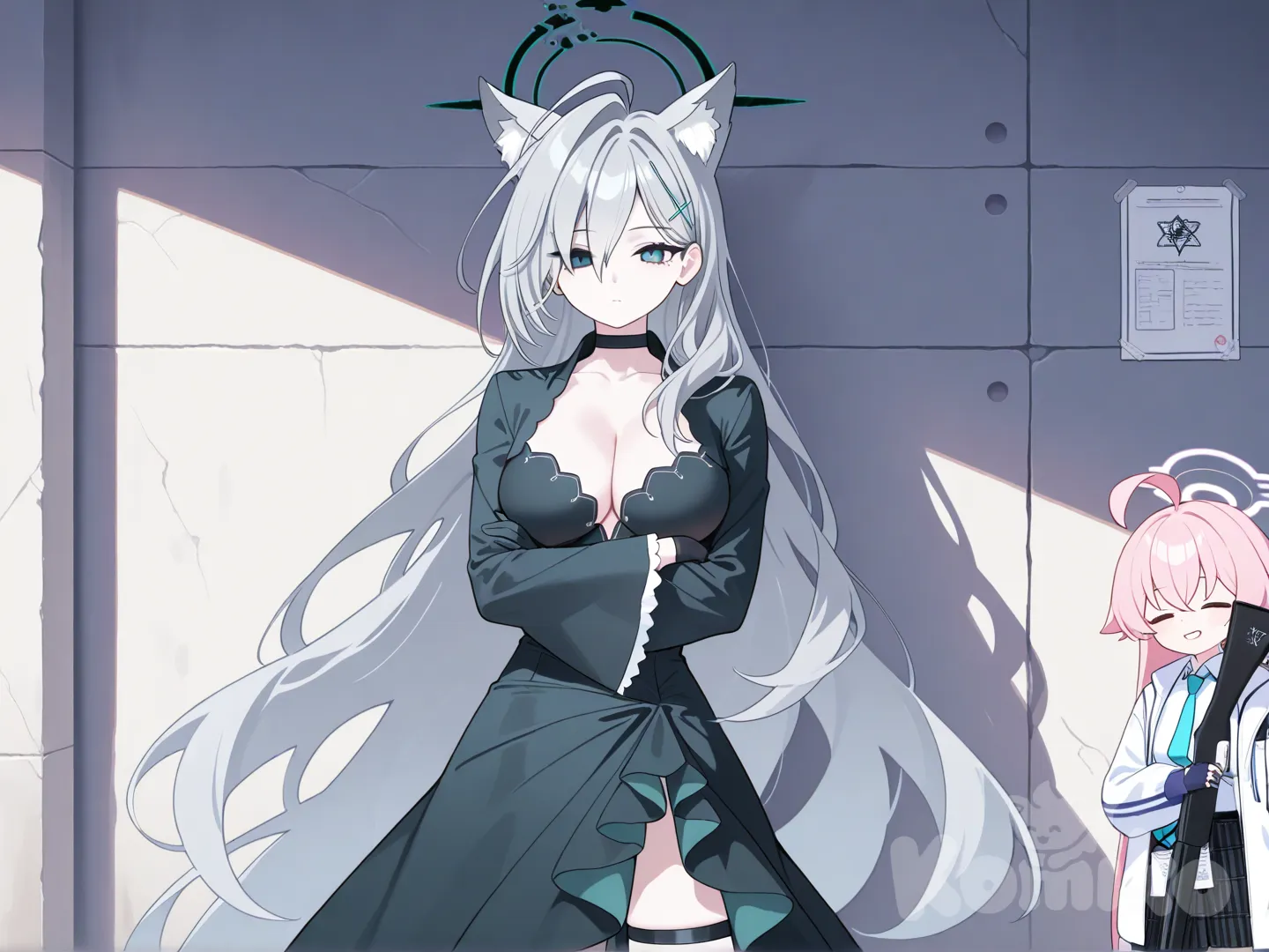 shiroko terror (blue archive), standing, leaning back, against wall, crossed arms expressionless. BREAK hoshino (blue archive), holding shotgun,smile,serious,standing,looking at viewer. BREAK blue archive, anime screenshot