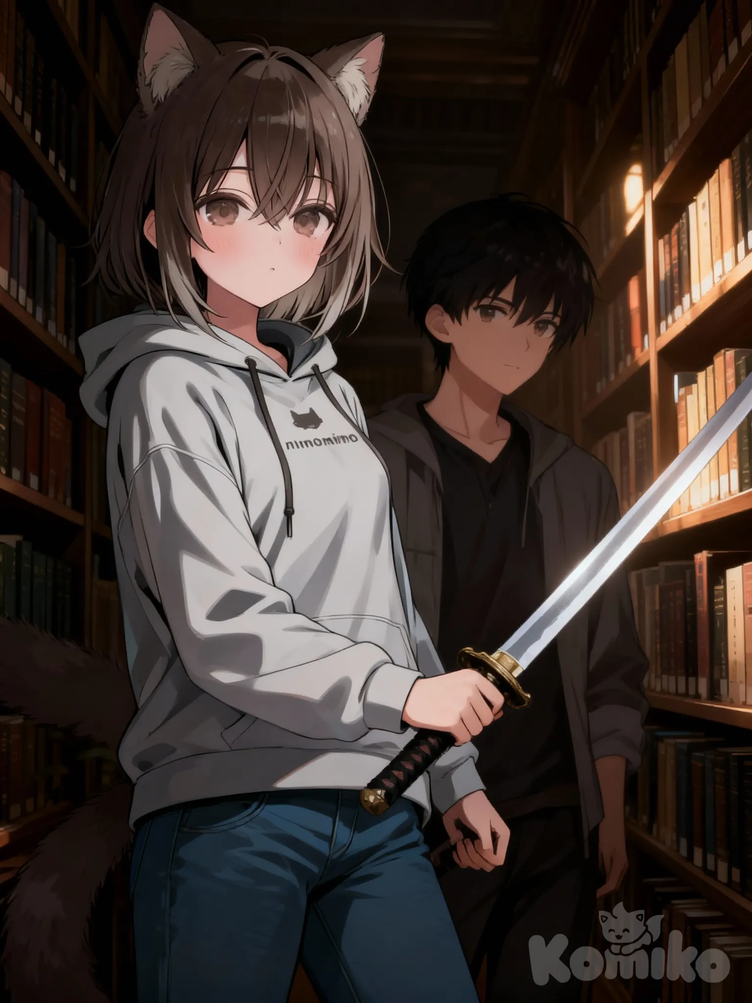 @naimon-4Dum, holding sword, 2people, looking at viewer, closeup, ambient light, library