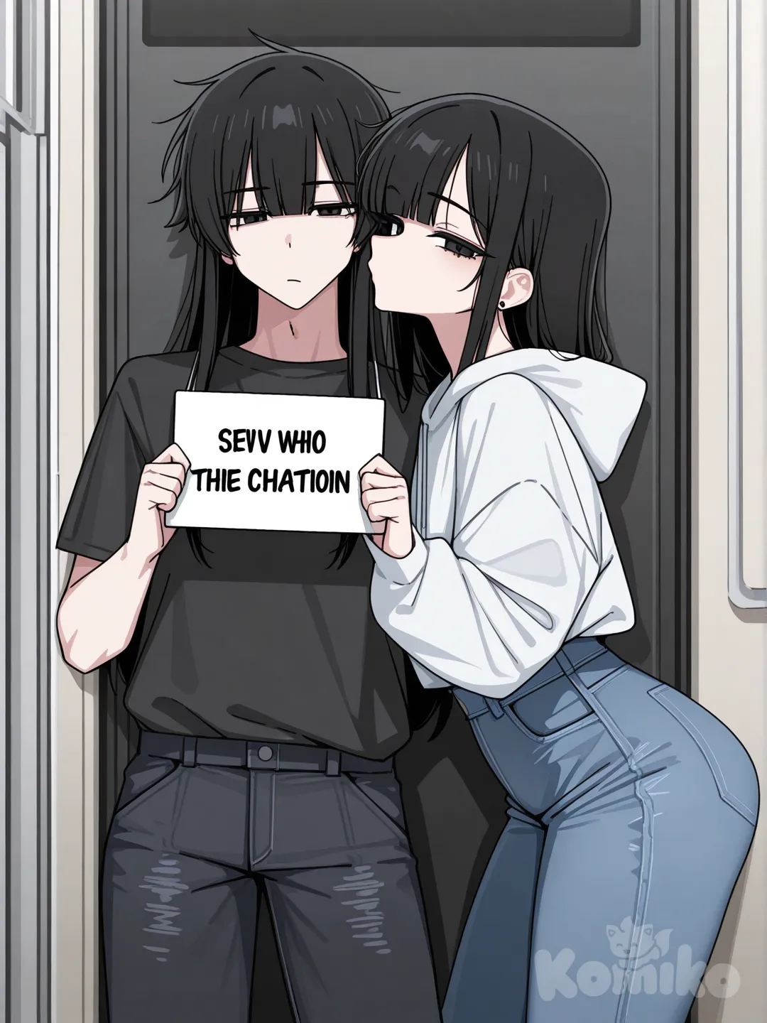 2boys, [toon-shaded-style], holding sign, kissing, hoodie, t-shirt, jeans, straight bangs, side part, charcoal black, ivory white, looking at viewer,cowok