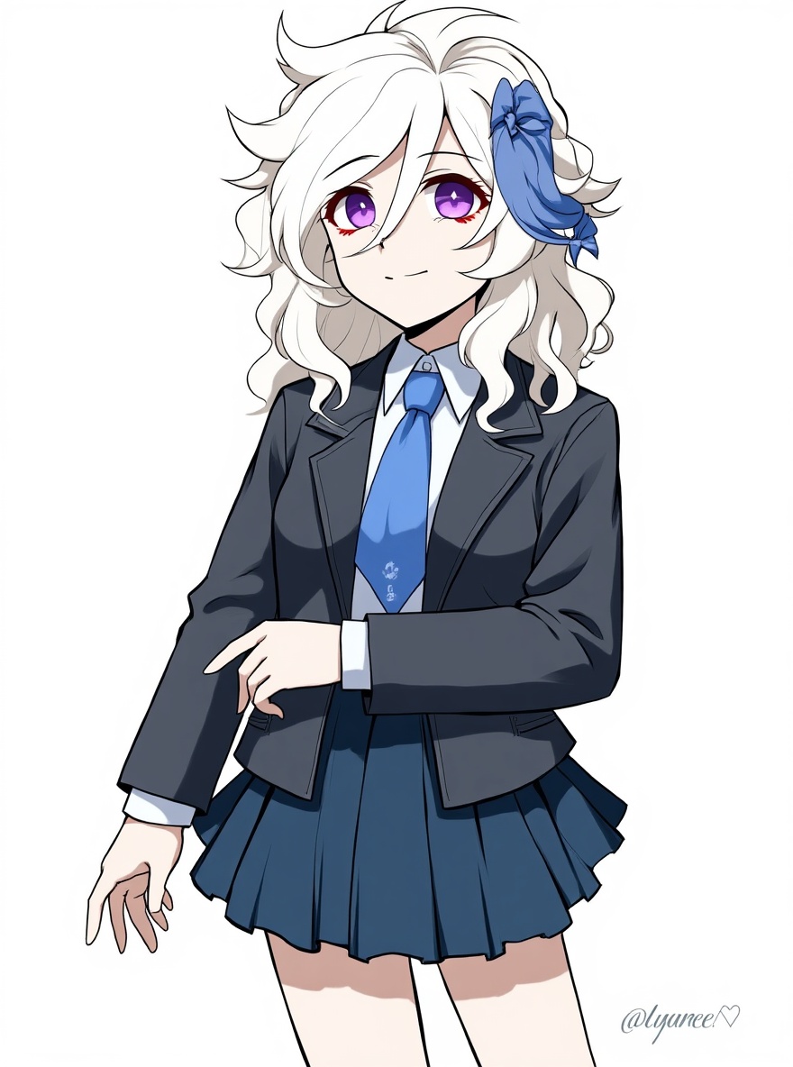 1girl, 3258, Demon Slayer style, original character, teenager, curvy, athletic, white hair, curly hair, purple eyes, dimple, pale skin, lace, hairpin, leather jacket, pleated skirt, denim skirt, single character, full body, looking at viewer, anime style, simple background, white background