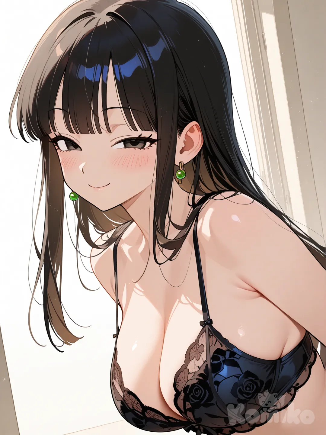 chi-chi (dragon ball), in black lingerie, blushing, smiling in pleasure, looking at viewer, side pose