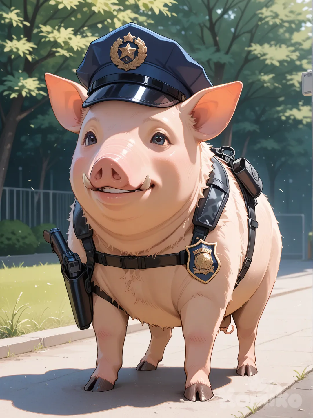 Un cerdo animal, no humano, con traje de policía