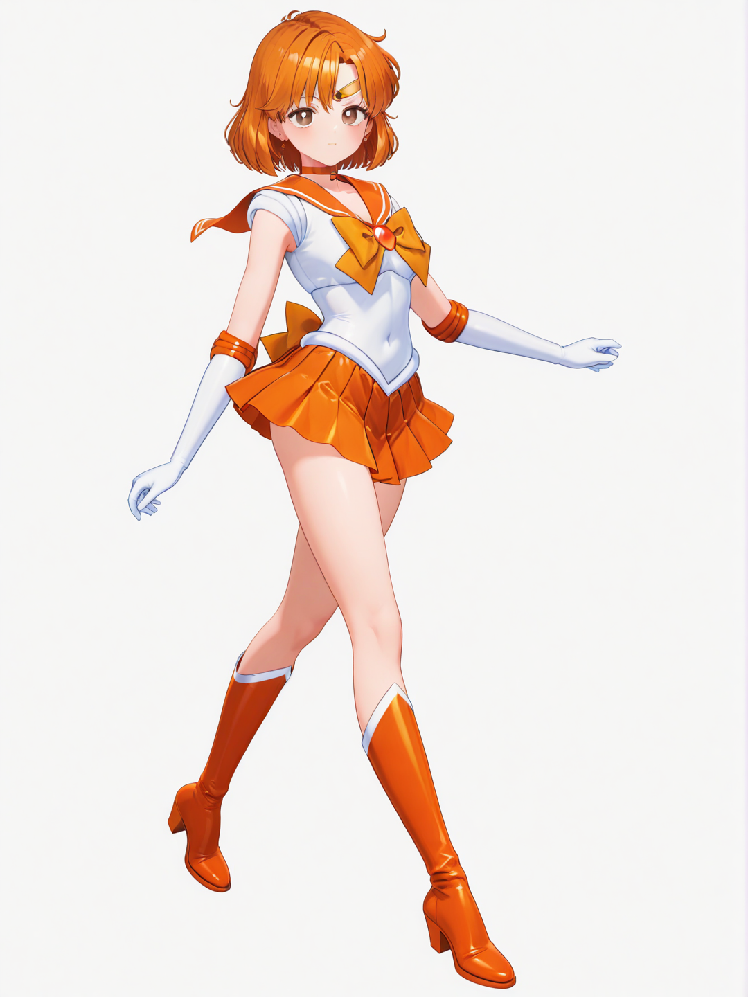 [3d-anime-style] 1girl, sailor renove, sailor renoves, sailor warrior, sailor senshi, sailor scout, orange hair, brown eyes, orange collar, orange skirt, orange choker, orange bowtie, white gloves, orange boots, solo, single character, full body, looking at viewer, anime style, simple background, white background