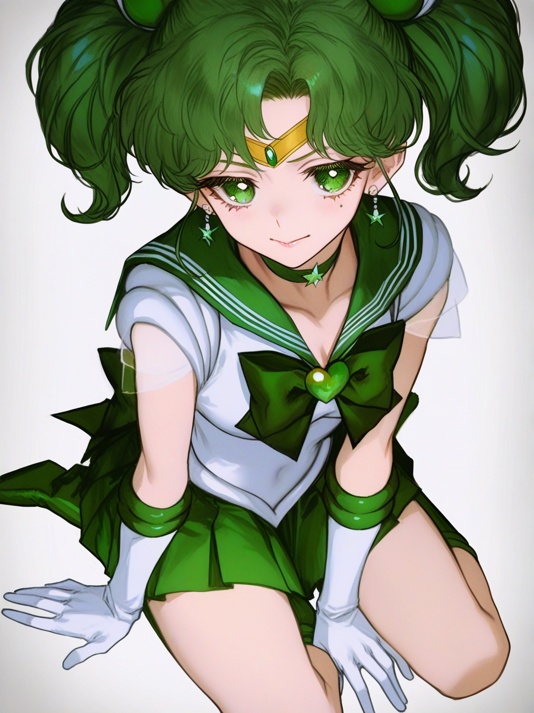 [semi-realistic-portrait-style] 1girl, solo, green hair, green eyes, white gloves, green skirt, green sailor collar, green choker, green-and-white bow, sailor senshi, sailor neos, single character, full body, looking at viewer, anime style, simple background, white background