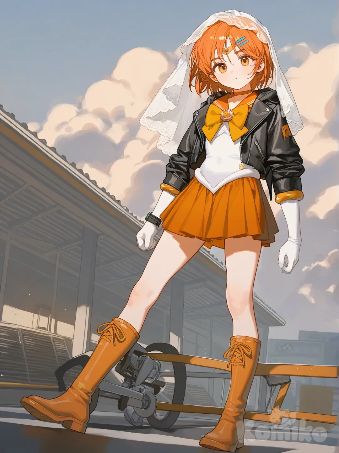 @reno-risu-suiqrell-reno-NHXx, hoodie, bohemian shirt, leather jacket, pleated skirt, wedding veil, charcoal black, cloud, gym, [lacquered-illustration-style]