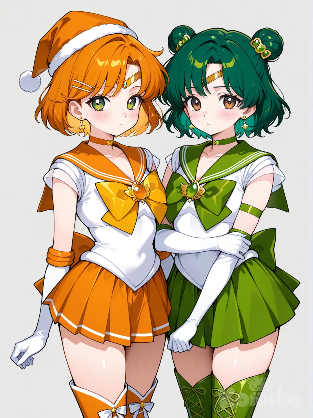 @reno-risu-suiqrell-reno-NHXx, @sailor-neos-ye5r hair pin, bun , santa hat, 1girl, hugging