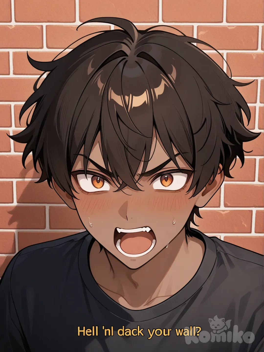 Black men talking with brick wall