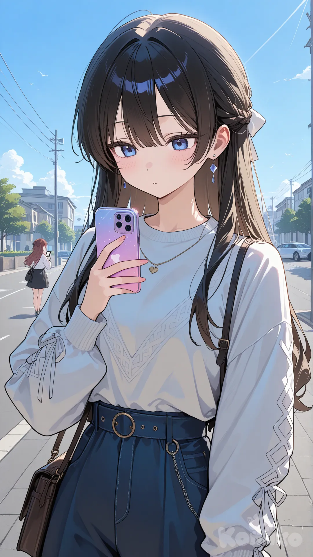 blue sky, looking at phone, 2girls