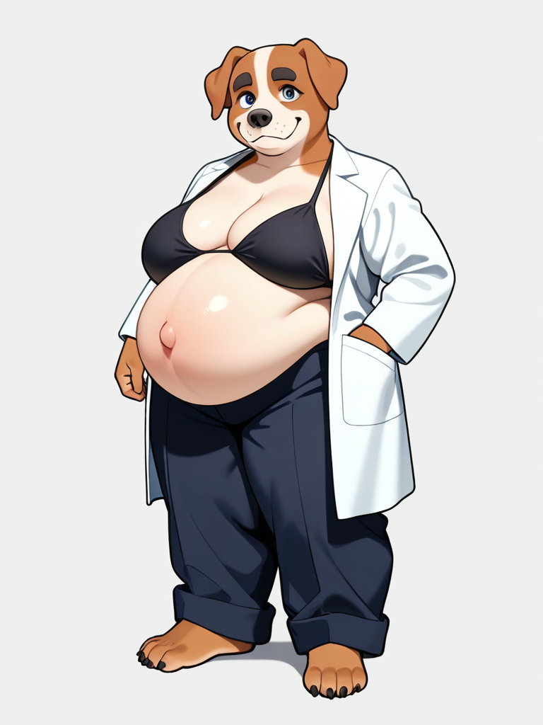 1girl, overweight, chubby, hyper pregnant, big_belly, old lady, elderly, furry, wrinkles, anthropomorphic_bulldog, bulldog_snout, bikini_top, big_breasts, wide leg pants, labcoat, single character, full body, looking at viewer, anime style, simple background, white background