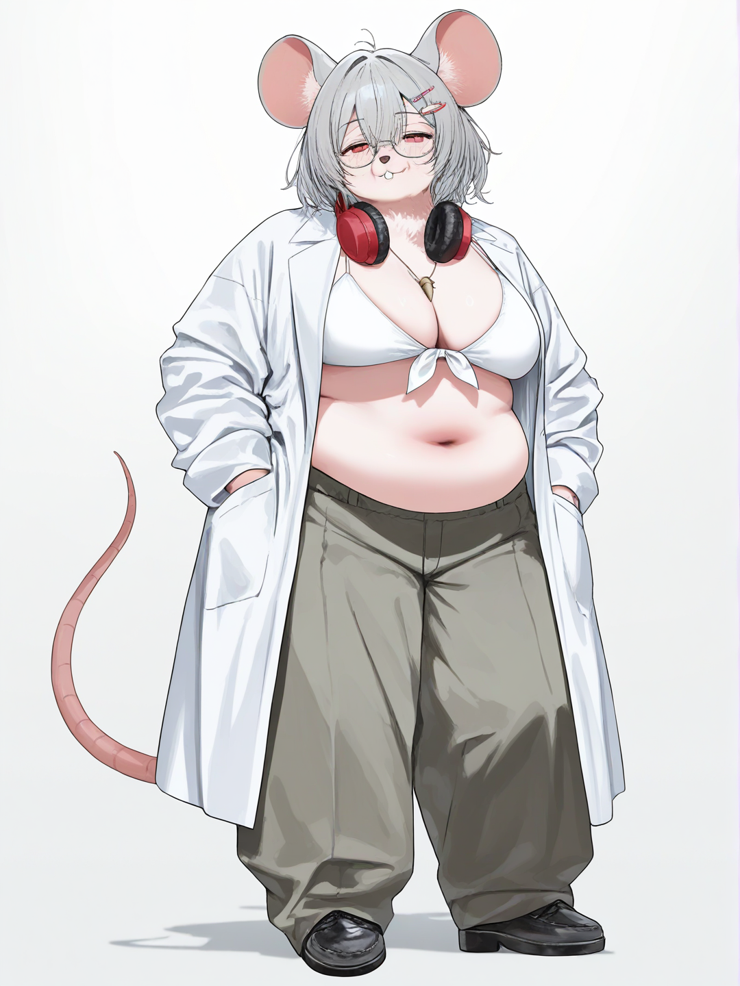 [soft-pastel-style] 1girl, anthropomorphic_mouse, mouse_nose, furry, elderly, wrinkles, overweight, chubby, big_fat_belly, big_breasts, gray_hair, hairpin, tooth_necklace, headphones_around_neck, bikini_top, wide_leg_pants, lab_coat, single character, full body, looking at viewer, anime style, simple background, white background