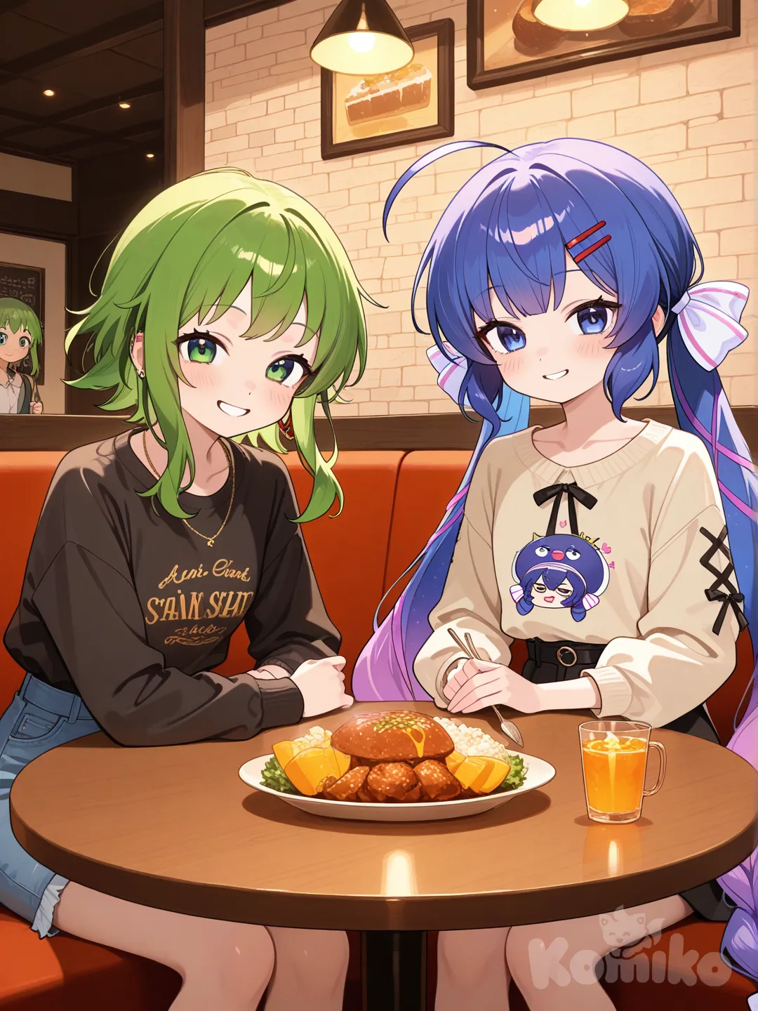 @Otomachi_Una, @Gumi sitting at a table in a restaurant