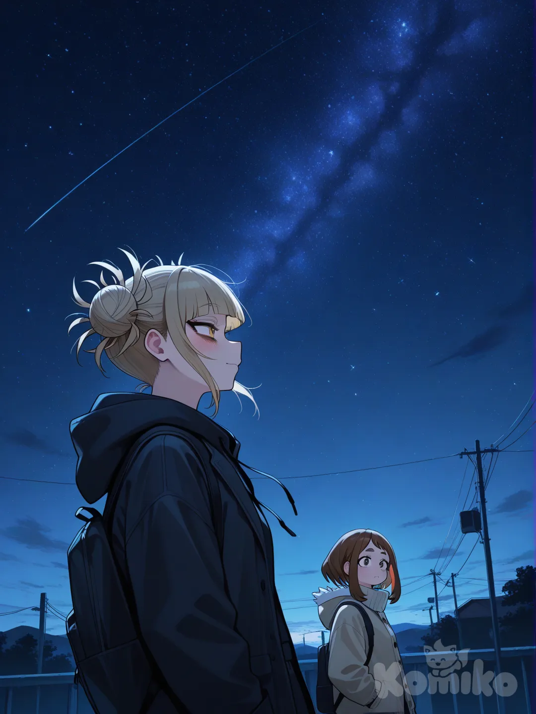 @Toga_Himiko, @Uraraka_Ochako, looking away, upper body, night