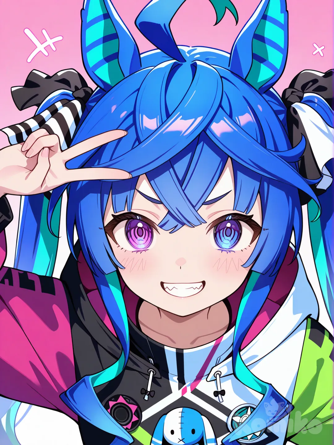 @Twin_Turbo_(Umamusume), v sign, smile, upper body, from above