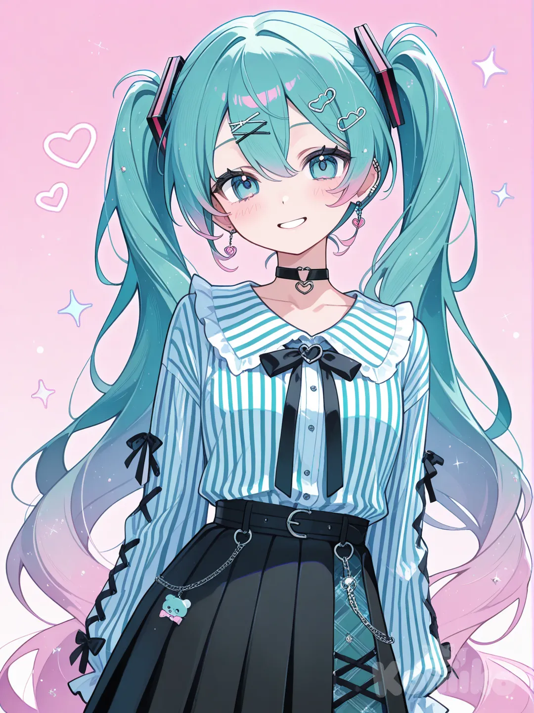 @Hatsune_Miku , looking at viewer, smile, striped shirt, pleated skirt, hairpin, earrings, choker, spiral curls, gradient, fuchsia