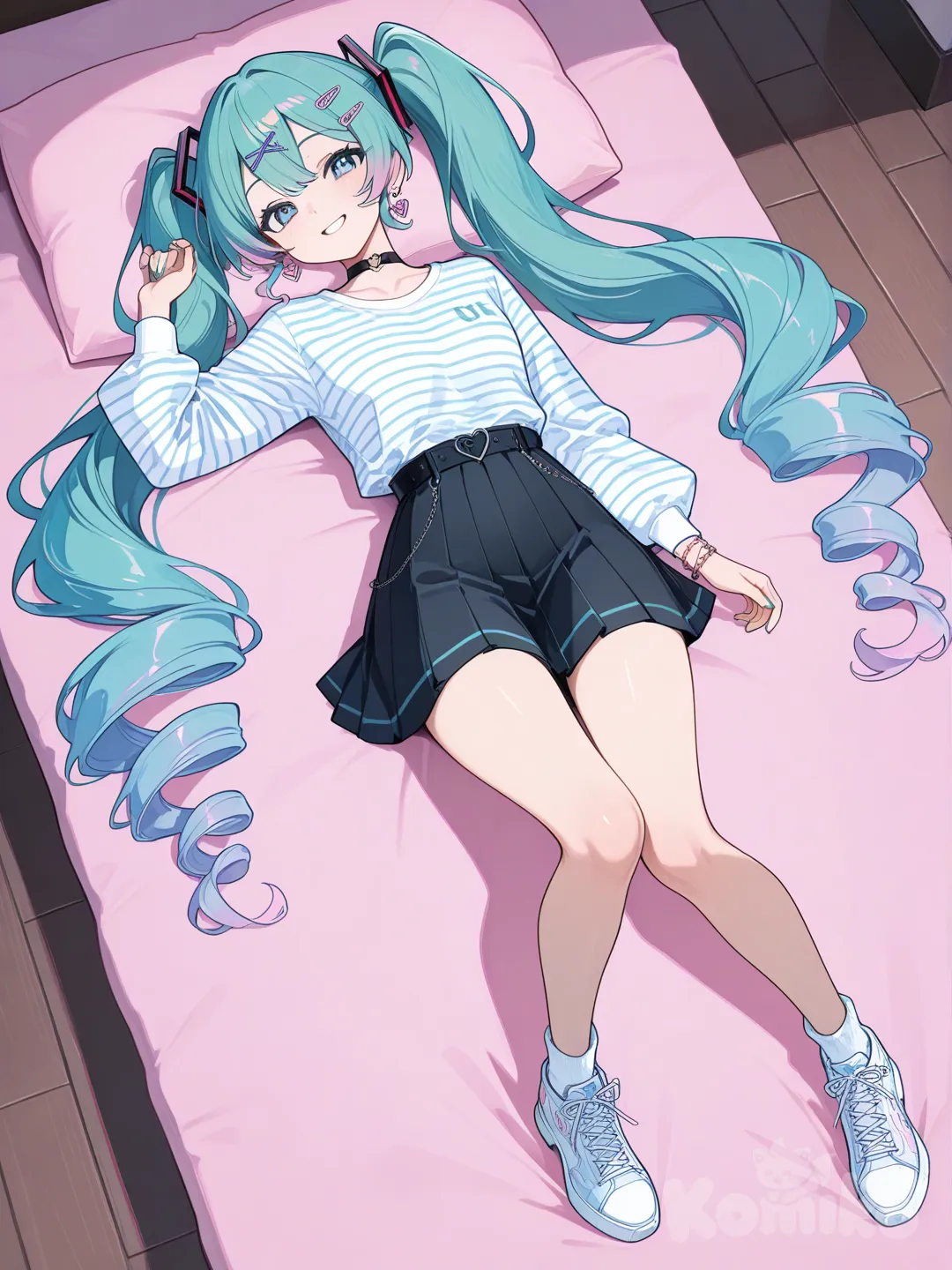 Hatsune_Miku , looking at viewer, smile, striped shirt, pleated skirt, hairpin, earrings, choker, spiral curls, gradient, ultra-, wide shot, lie on back