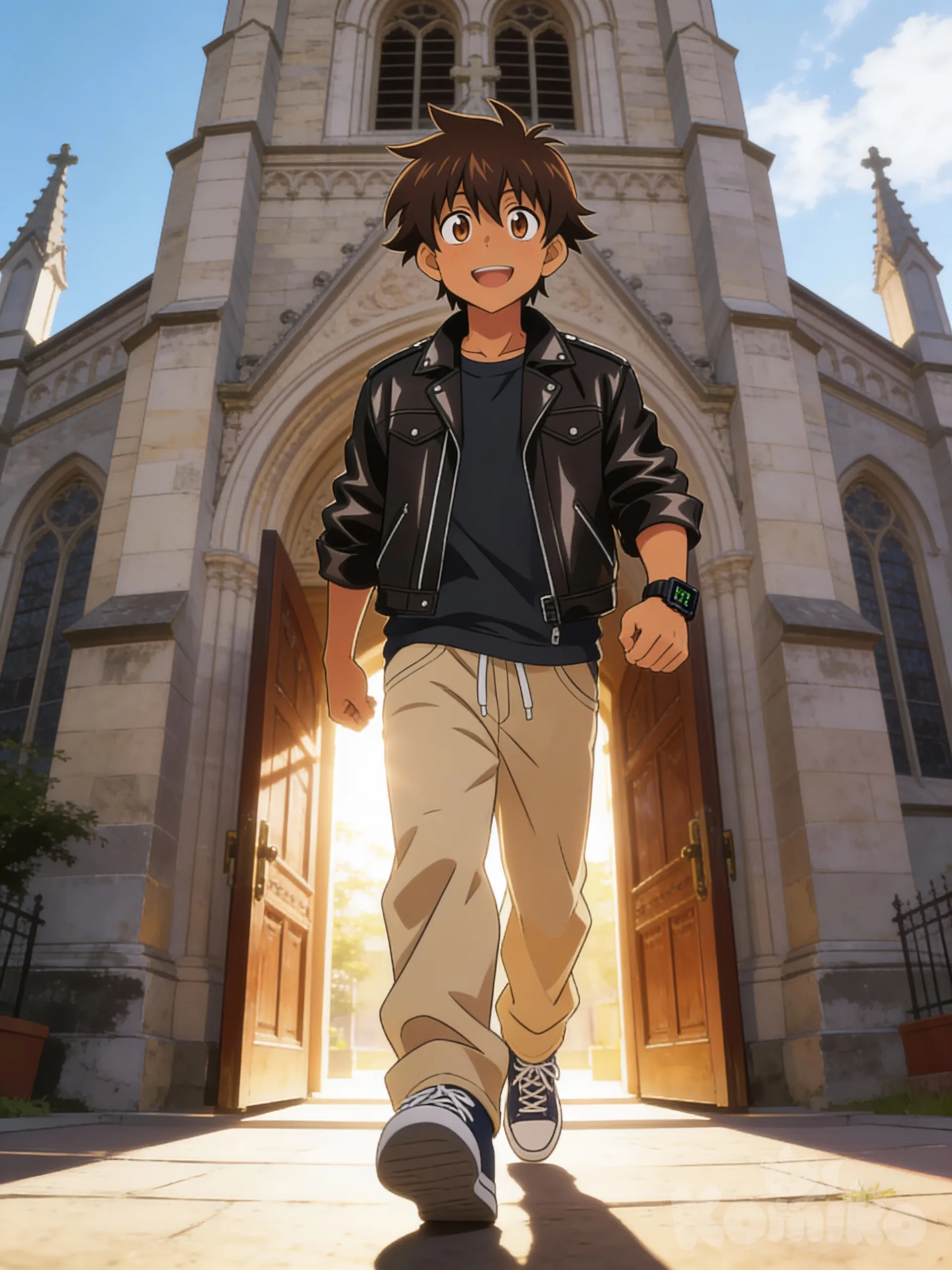 Preston the protagonist walking out of a church