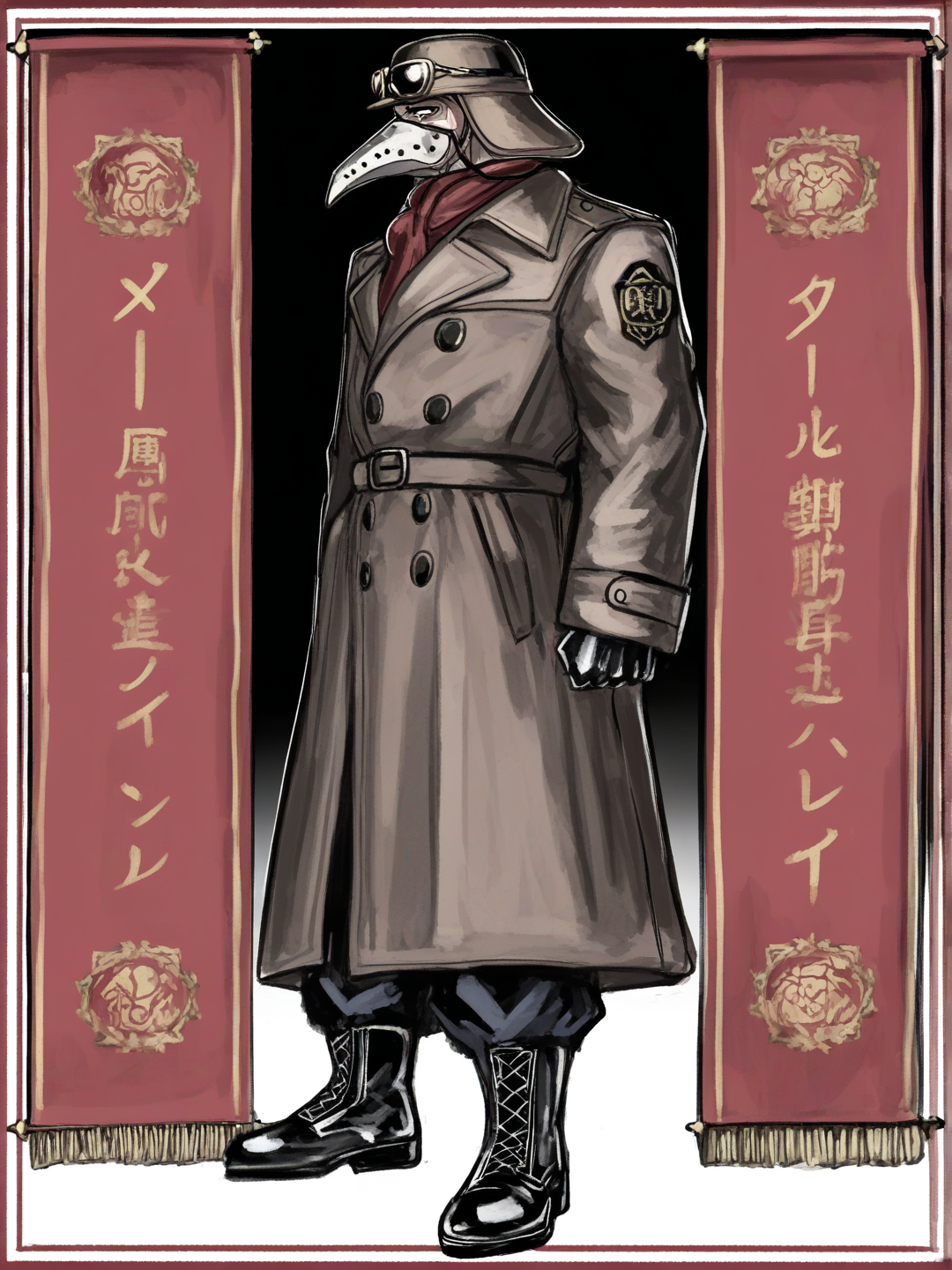 [sketchy-painterly-style] 1boy, solo, tall, fair skin, plague mask, aviator hat, aviator sunglasses, brown trench coat, black gloves, black pants, black boots, full body, red and black background, dramatic lighting, white vertical banner, red text boxes, japanese text, decorative elements, yellow rectangular banner, english text, profile text, single character, full body, looking at viewer, anime style, simple background, white background