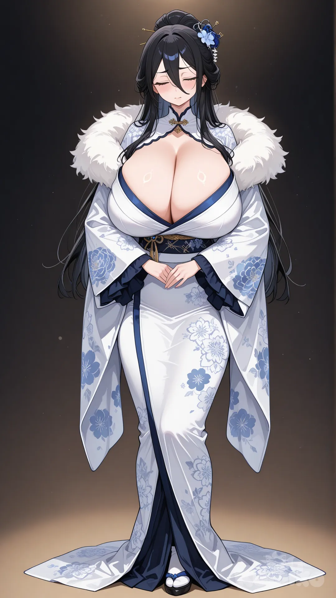 Meabel (メアベル) ,above-eyebrow bangs,Short bangs,Long black hair with micro bangs,Character Settings( from The Exiled Heavy Knight Knows How to Game the System.Squinting eyes, eyes closed , full bodies visible, breasts Extremely large breasts, Super-large breasts (K-cup)eyes not open.bangs. , full bodies visible,breasts Extremely large breasts, Marebel (メアベル) Super-large breasts (I-cup)., looking at viewer, breasts. , front profile photo, woman, full body,large breasts (K-cup),Marebel(メアベル) Meabel (メアベル) , above-eyebrow bangs,Short bangs,Long black hair with micro bangs,Character Settings( from The Exiled Heavy Knight Knows How to Game the System. Squinting eyes, eyes closed , full bodies visible, Extremely large breasts, Super-large breasts (K-cup)eyes not open.bangs. , full bodies visible, breasts Extremely large breasts, breasts Marebel (メアベル) Super-large breasts (K-cup), Marebel clothing: winter Japanese style Japanese clothing, Marebel Clothing: Luxury gorgeous Japanese kimono, Marebel's outfit: High-end Japanese kimono, Marebel's outfit: Luxury Japanese kimono,Japanese kimono updo