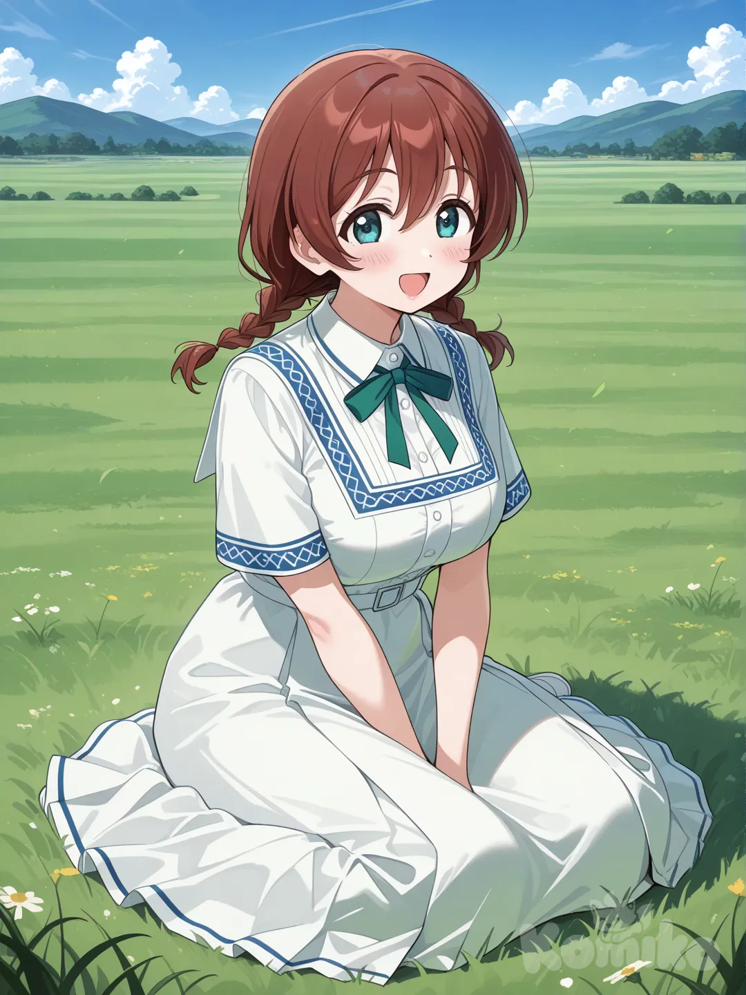 @Emma_Verde, full body, indian style, sitting, smile, open mouth, school uniform, blue sky, grassland, cloud