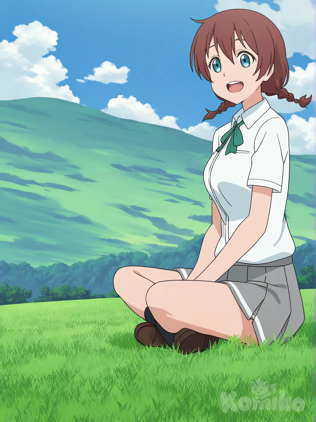 @Emma_Verde, full body, indian style, sitting, smile, open mouth, school uniform, blue sky, grassland, cloud, [flat-anime-style]