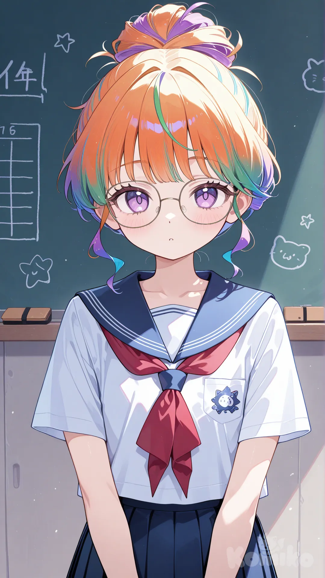 1girl of 11 years old, school uniform, glasses, updo, rainbow