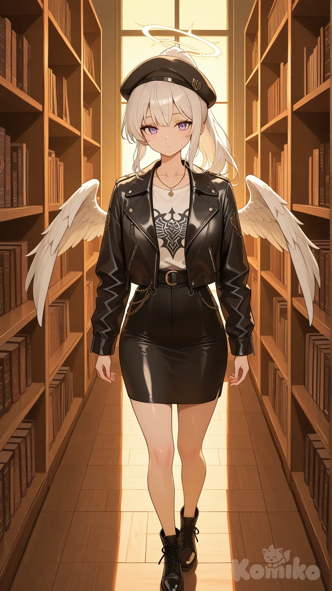 ultra-, ambient light, twilight, backlight, library, ivory white, high ponytail, beret, angle wings, necklace, pencil skirt, t-shirt, leather jacket