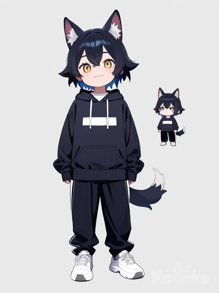 1girl, chibi, teenager, wolf cut, cat smile, single character, full body, looking at viewer, anime style, simple background, white background