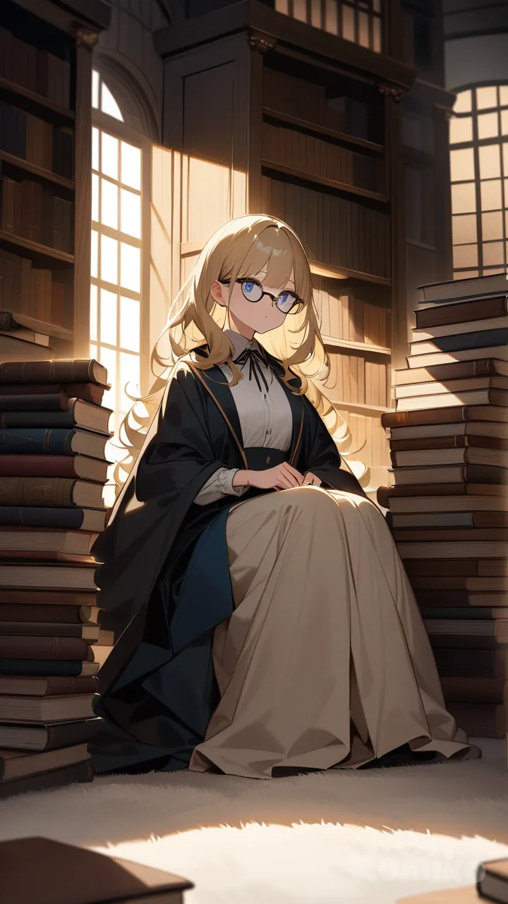 A stunning young woman sitting on a soft beige carpet in a cozy library, surrounded by tall wooden bookshelves filled with old and new books. She has long, wavy, golden-blonde hair cascading over her shoulders, glowing softly in the warm ambient light. Her striking blue eyes are framed by large round black glasses, giving her an alluring intellectual look. She wears a snug, ribbed black long-sleeve crop top that highlights her toned stomach and slim waist, paired with form-fitting beige leggings that contour her legs naturally. She sits barefoot with her legs spread slightly, knees bent casually, and her hands resting gently on a neat stack of hardcover books placed between her thighs, adding a subtle sensual tension to the scene. The warm, natural light casts soft highlights on her skin and hair, while the blurred background of bookshelves gives depth and a scholarly atmosphere.