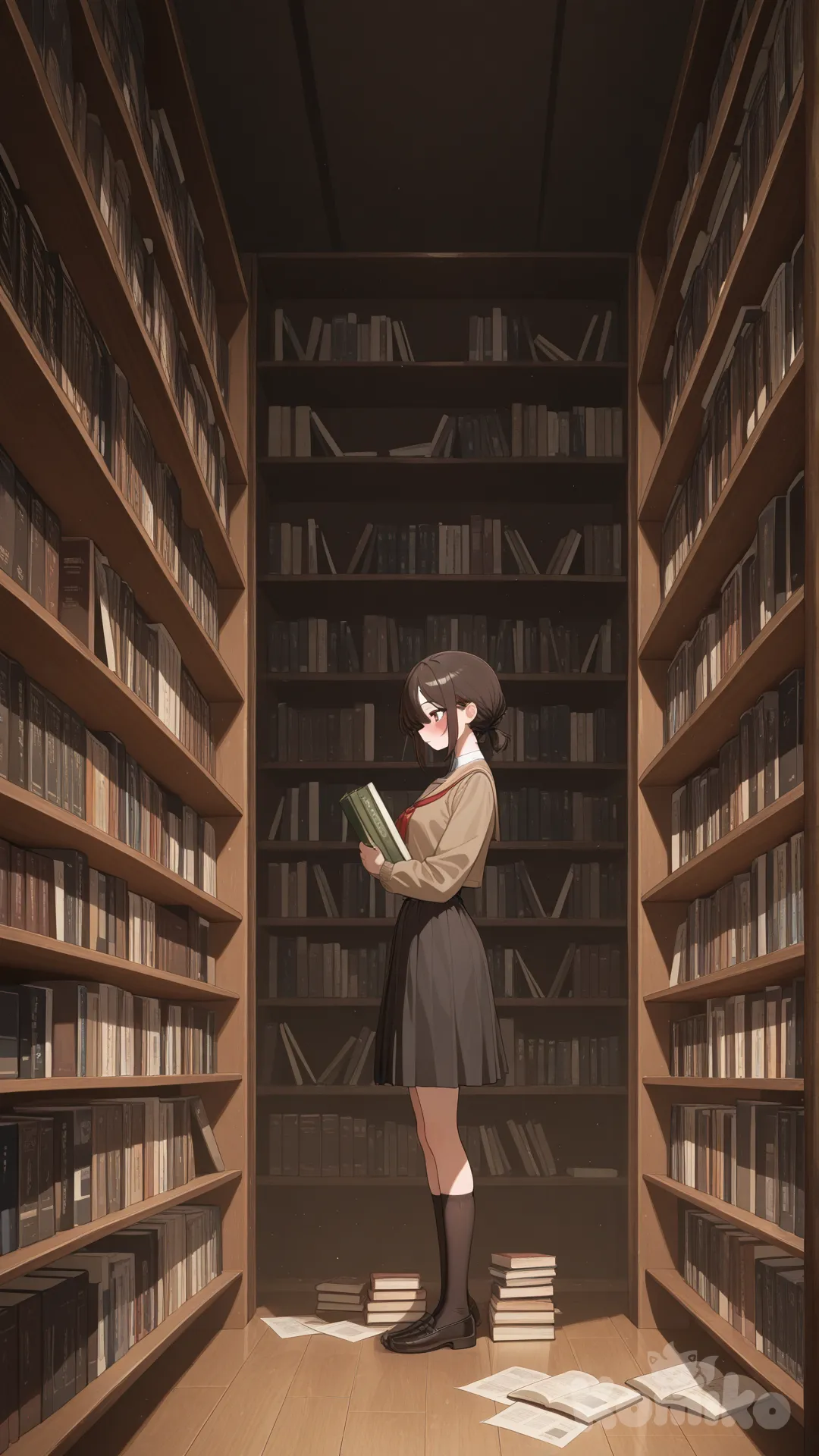 standing, hands on bookshelf, books falling, <norture-40rz>