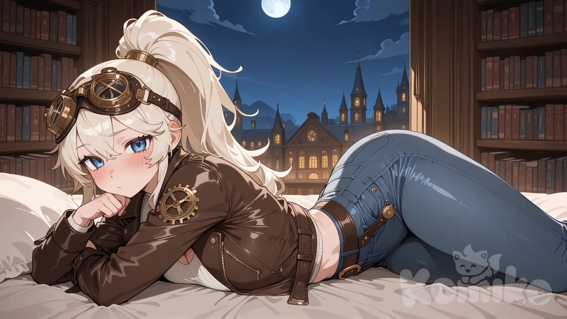 1girl, lie on stomache, leather jacket, jeans, steampunk goggles, high ponytail, ivory white, looking at viewer, night, library